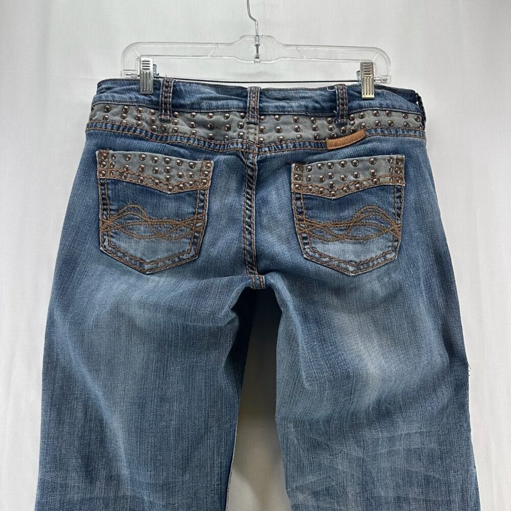 Cowgirl Tuff Jeans Women W32 L35 Studded Camo Bootcut MidRise Stretch Denim Blue - Picture 5 of 11